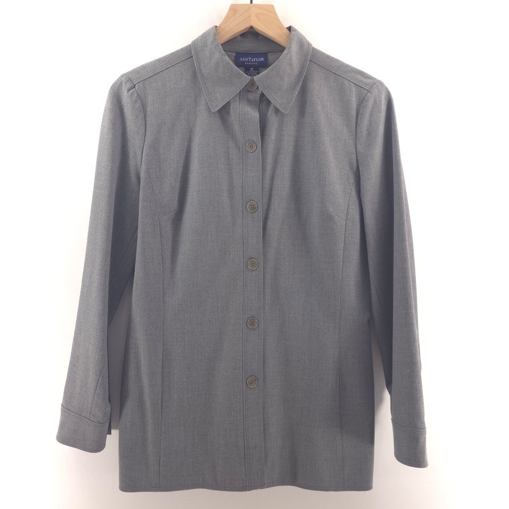 Ann Taylor Women Shirt Stretch Button Down 8P Gray Long Sleeve Pro Blazer